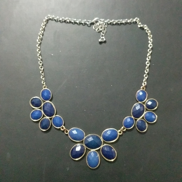 Silver Tone Faceted Blue Cabochon Bib Style Statement Necklace - Picture 1 of 2